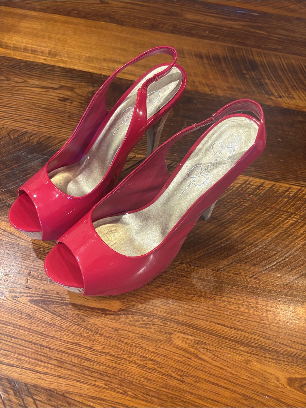 Jessica Simpson Pink Patent Slingback Peep-Toe Platform Heels